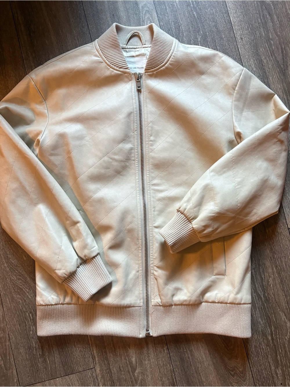Avec Les Filles Cream Ever-Leather Quilted Bomber Jacket